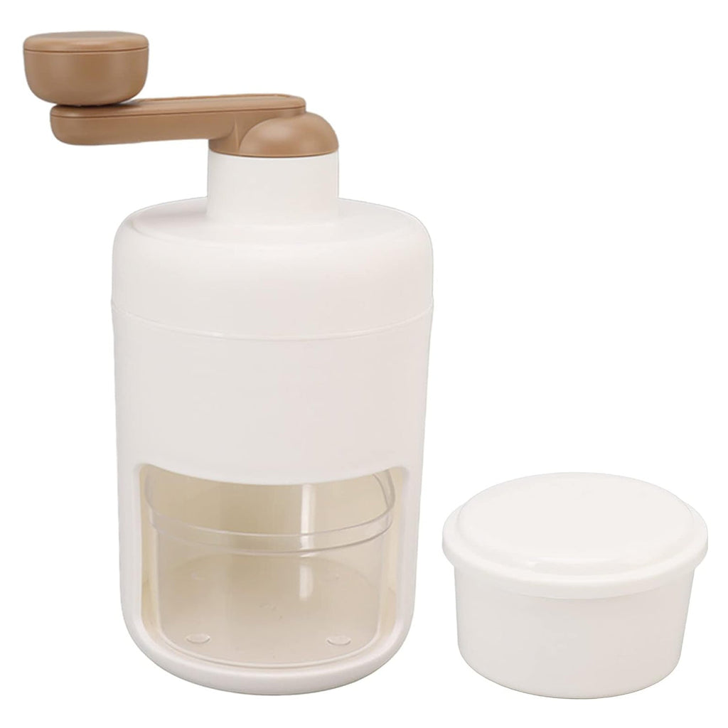 Ergonomic hand-cranked ice shaver with clear body, ready for home use.