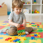 Kids playing blocks stacking game to develop motor skills