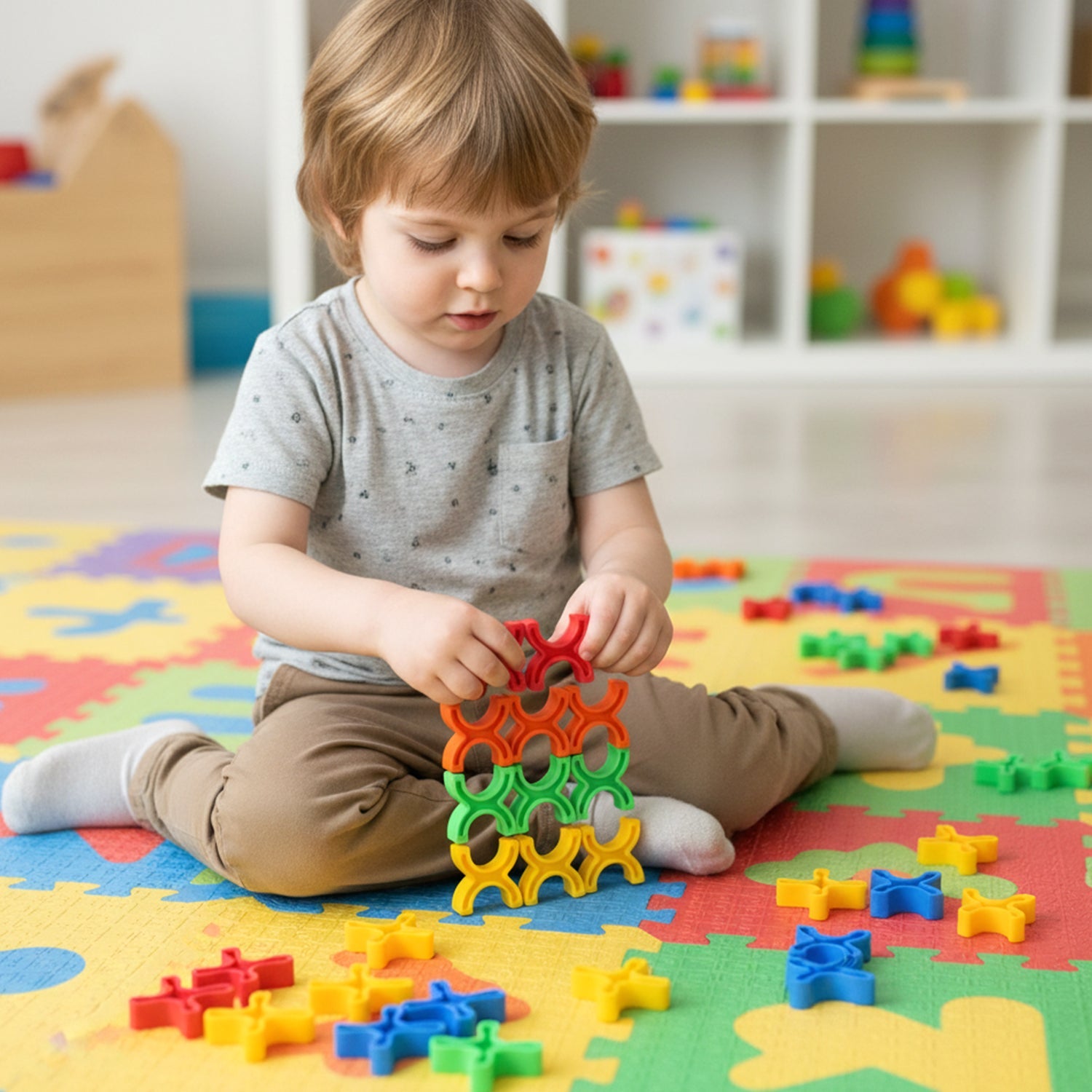 Kids playing blocks stacking game to develop motor skills