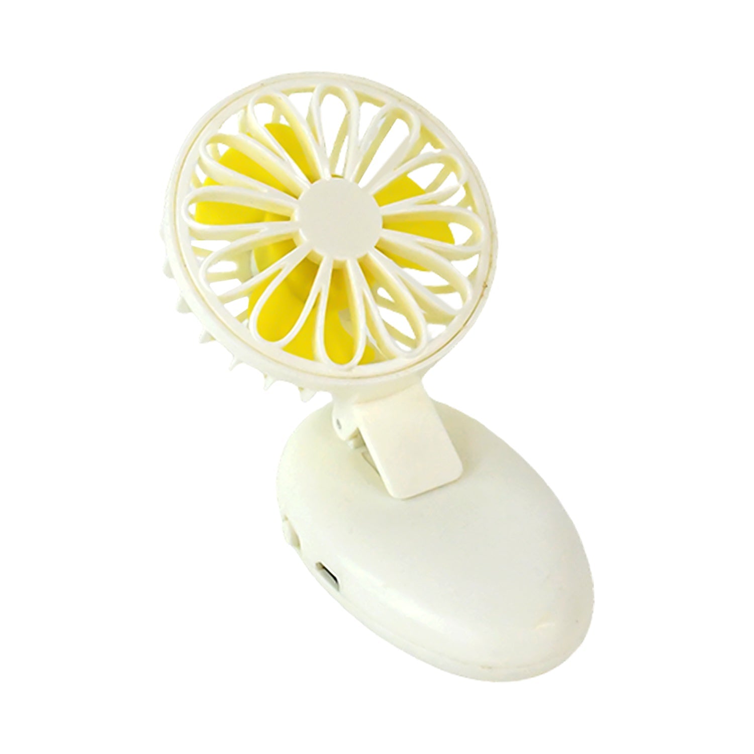 Angled view of the rechargeable USB mini fan, showcasing its sleek design.