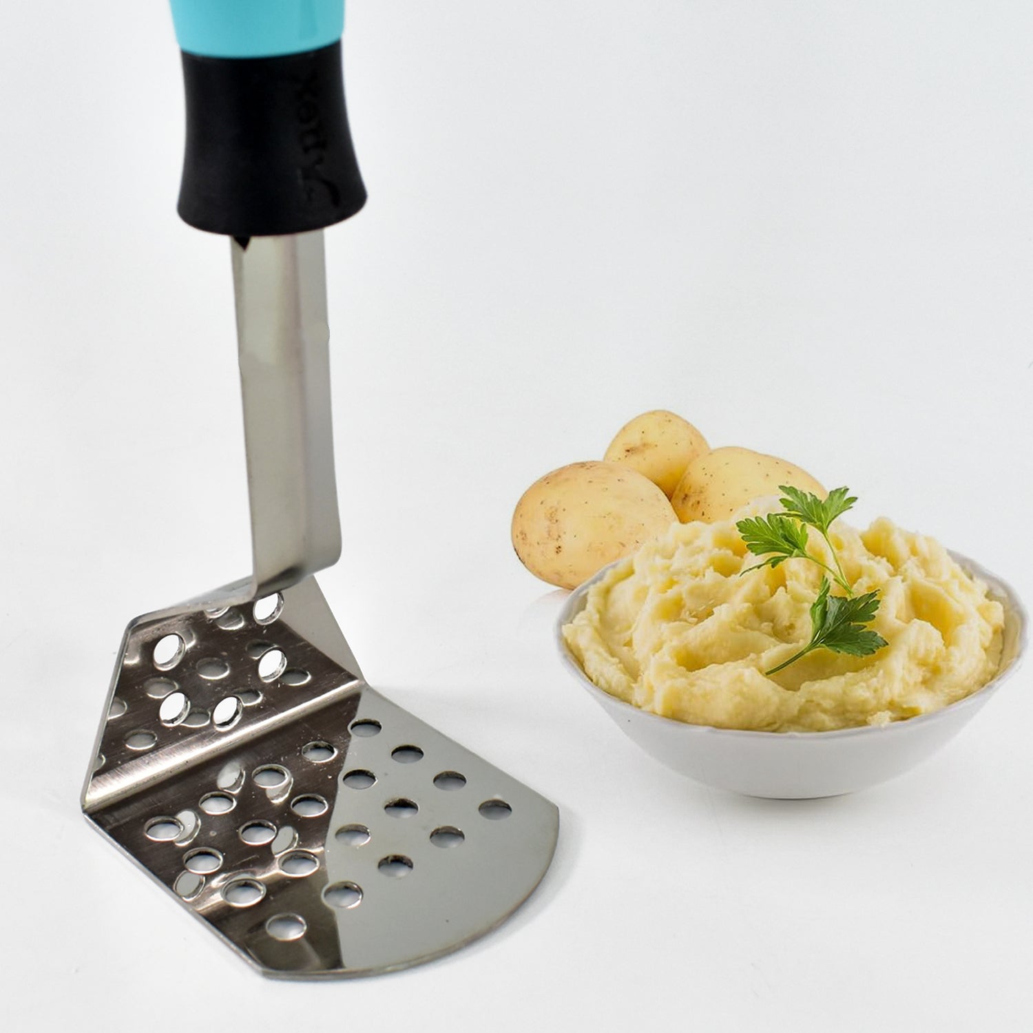 Back view of durable stainless steel Apex potato masher