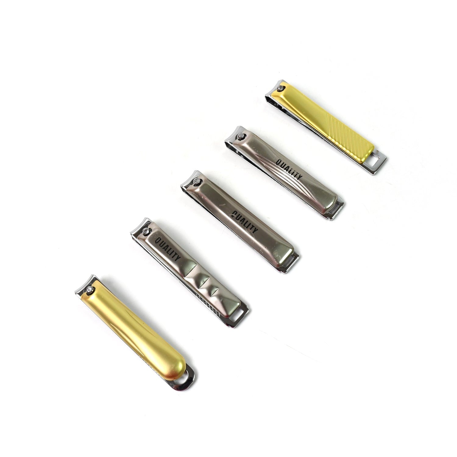 Set of AuriGlam folding nail clippers in various designs, ideal for gifting.