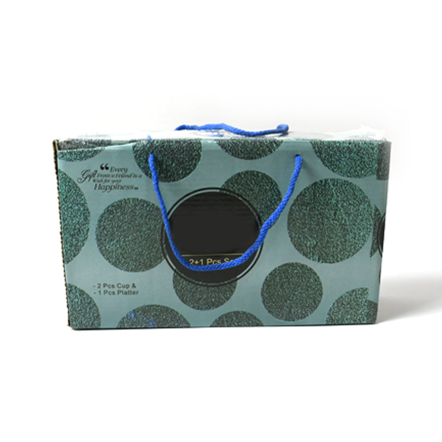 The complete 3-piece ceramic tea cup set with platter displayed on a wooden table.