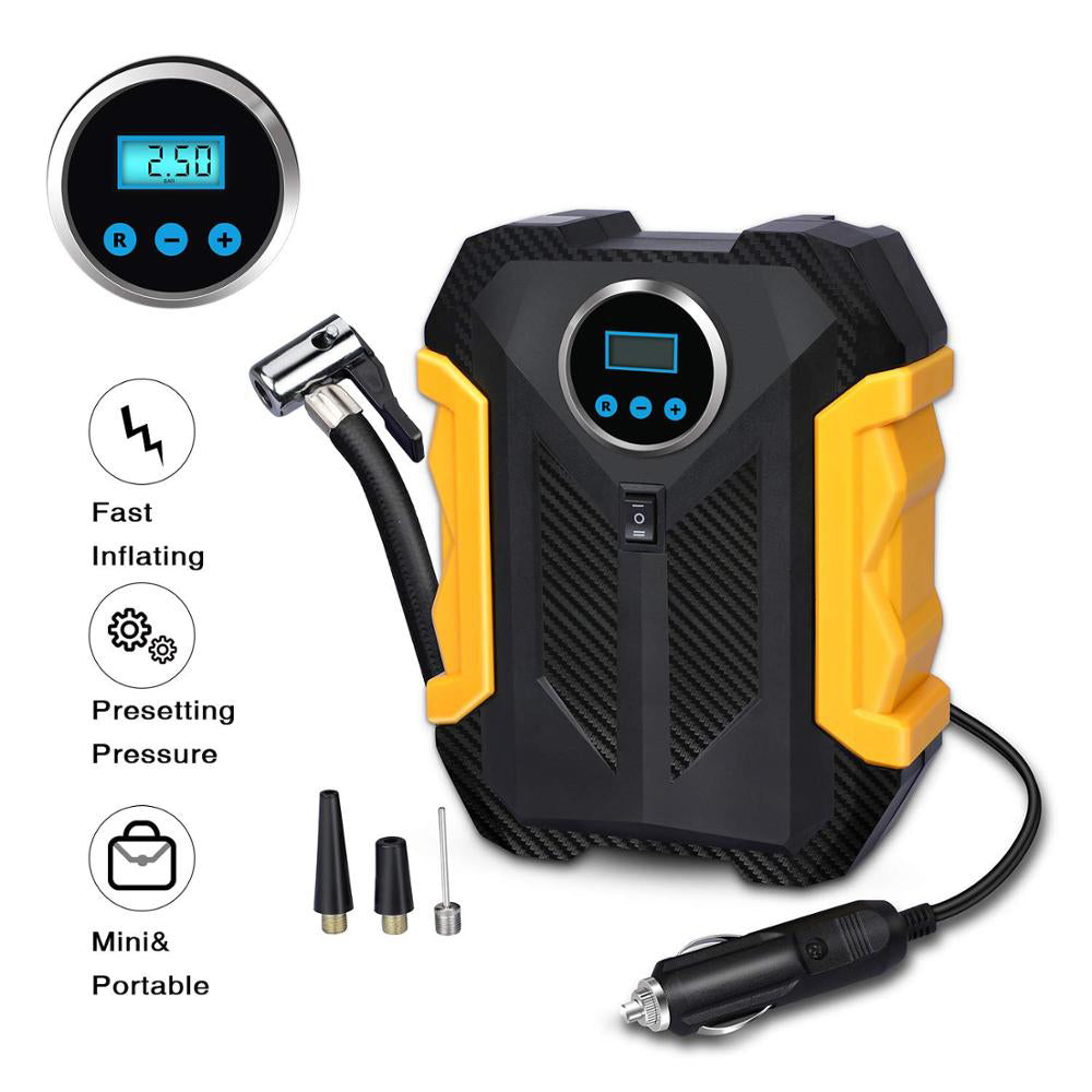 Velvet Wheels portable air compressor with LED light for night use.
