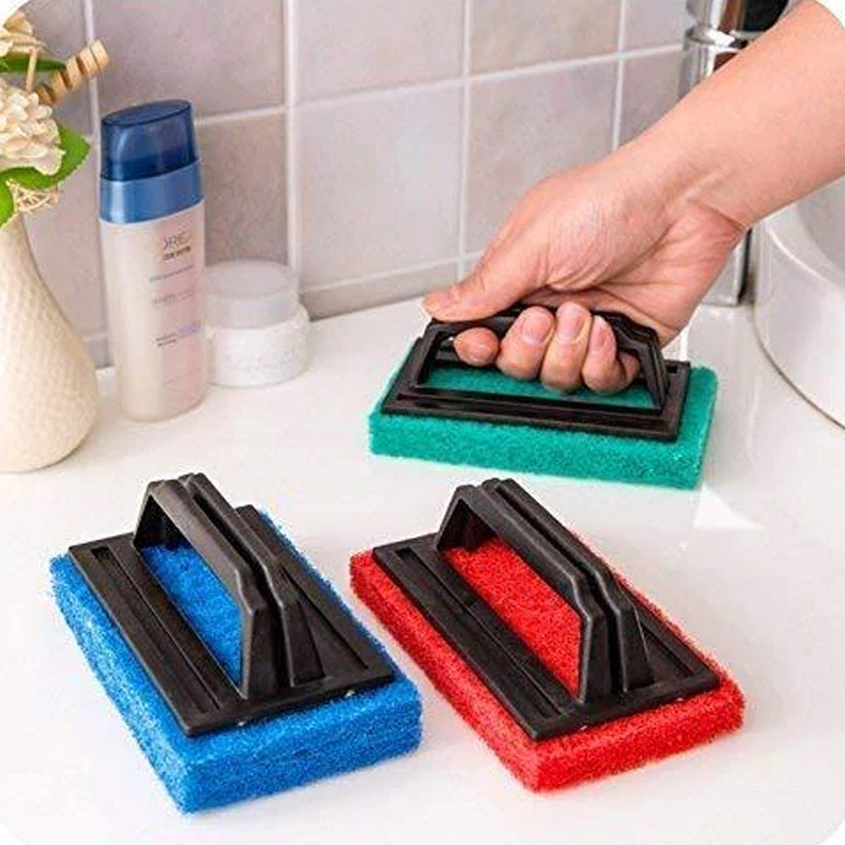 Ergonomic utensil scrubber brush for tough kitchen cleaning.
