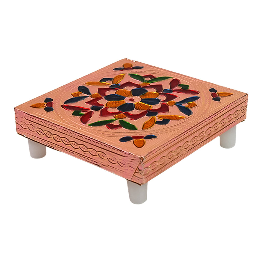 Side profile of the handcrafted wooden chowki, displaying elegant Meenakari patterns.