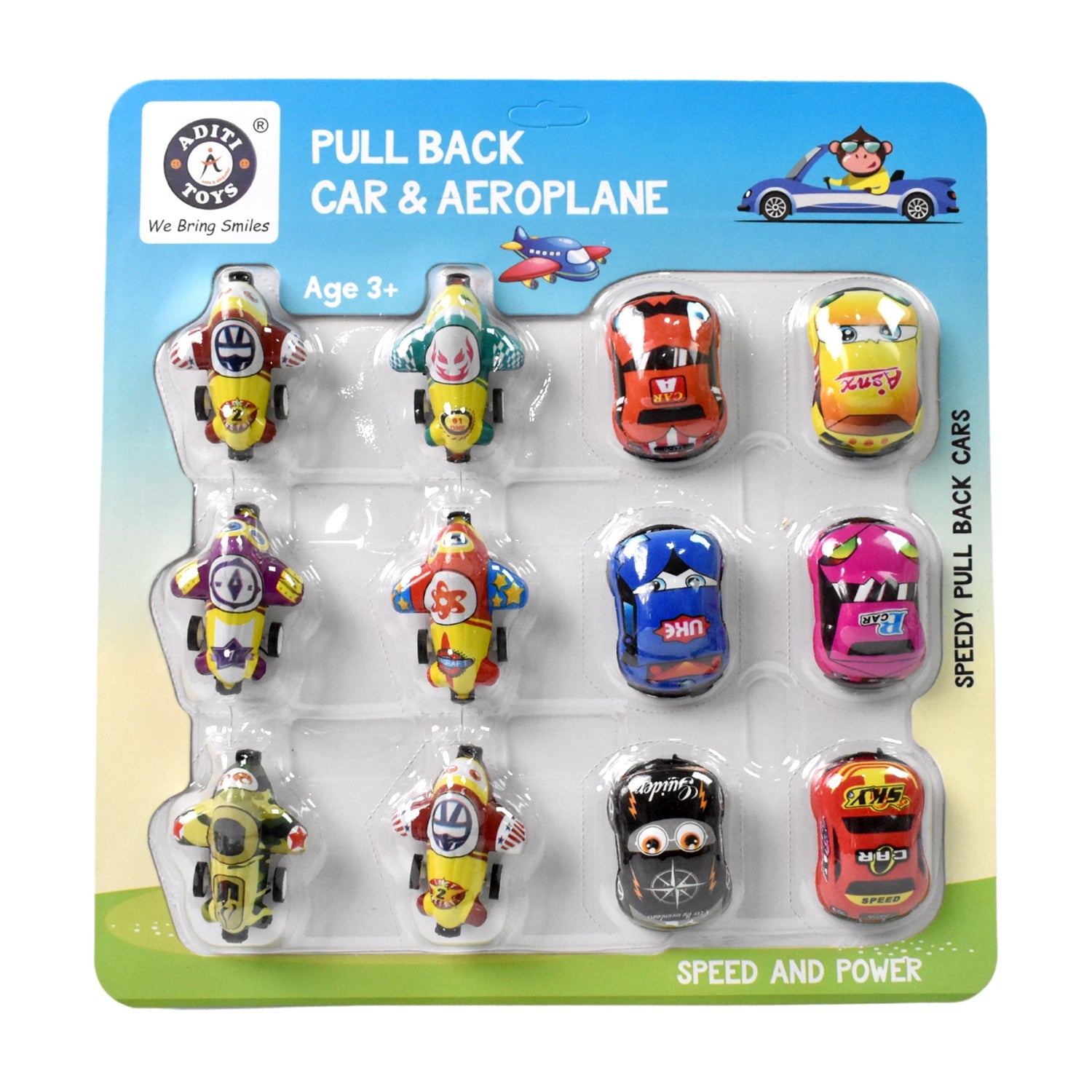 Diverse collection of mini pull back cars and aeroplanes on a white background.