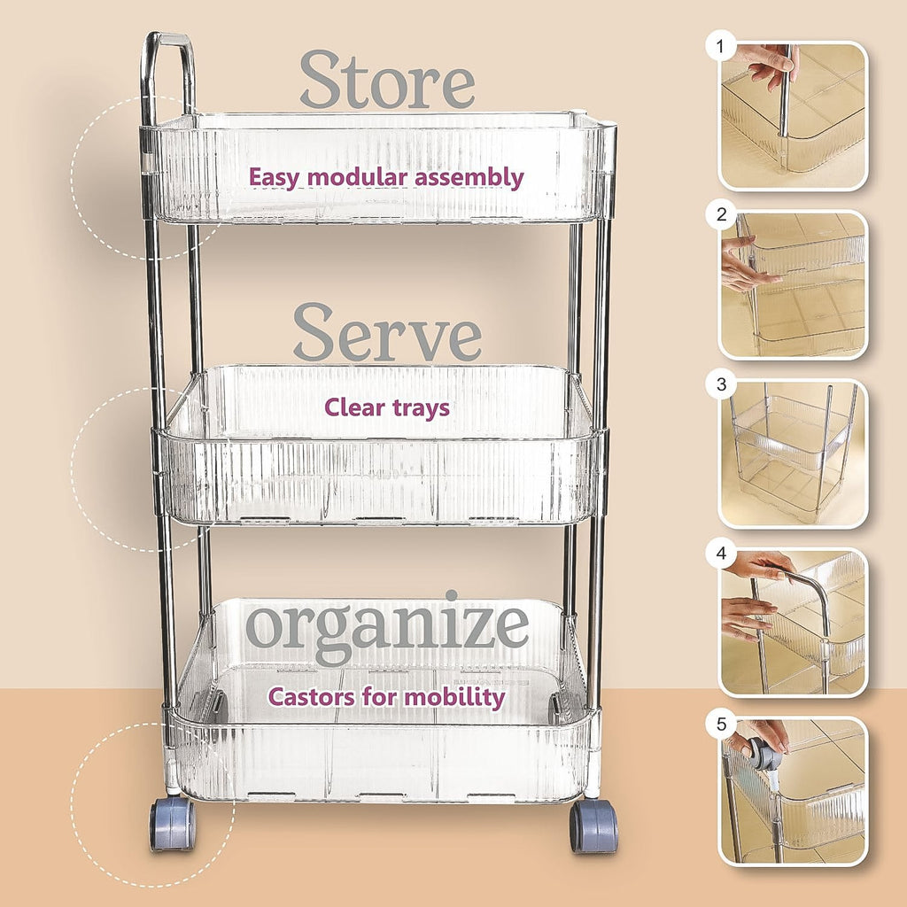 Multipurpose storage trolley with metal frame on floor