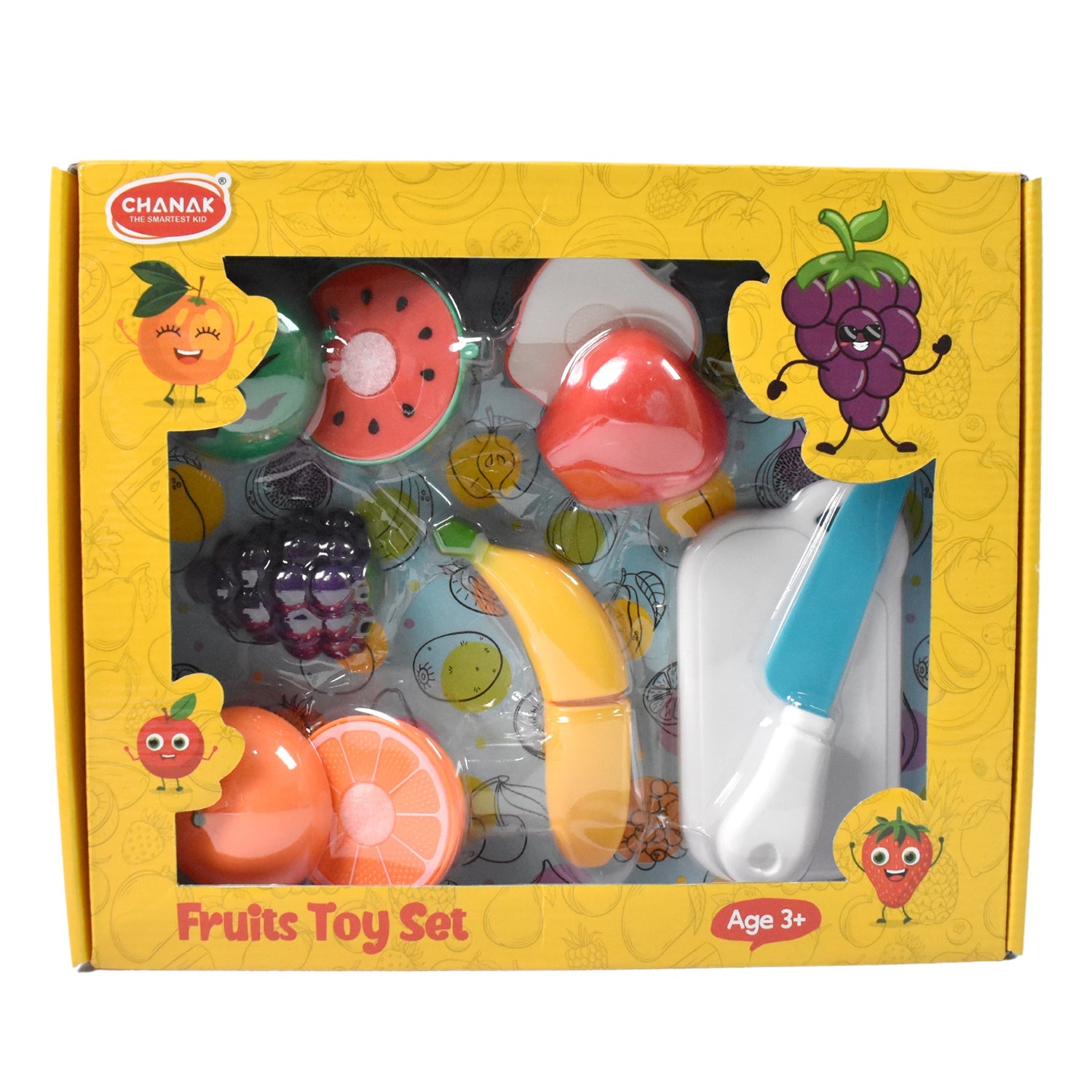 Brightly colored toy fruits featuring velcro fasteners for realistic cutting play.