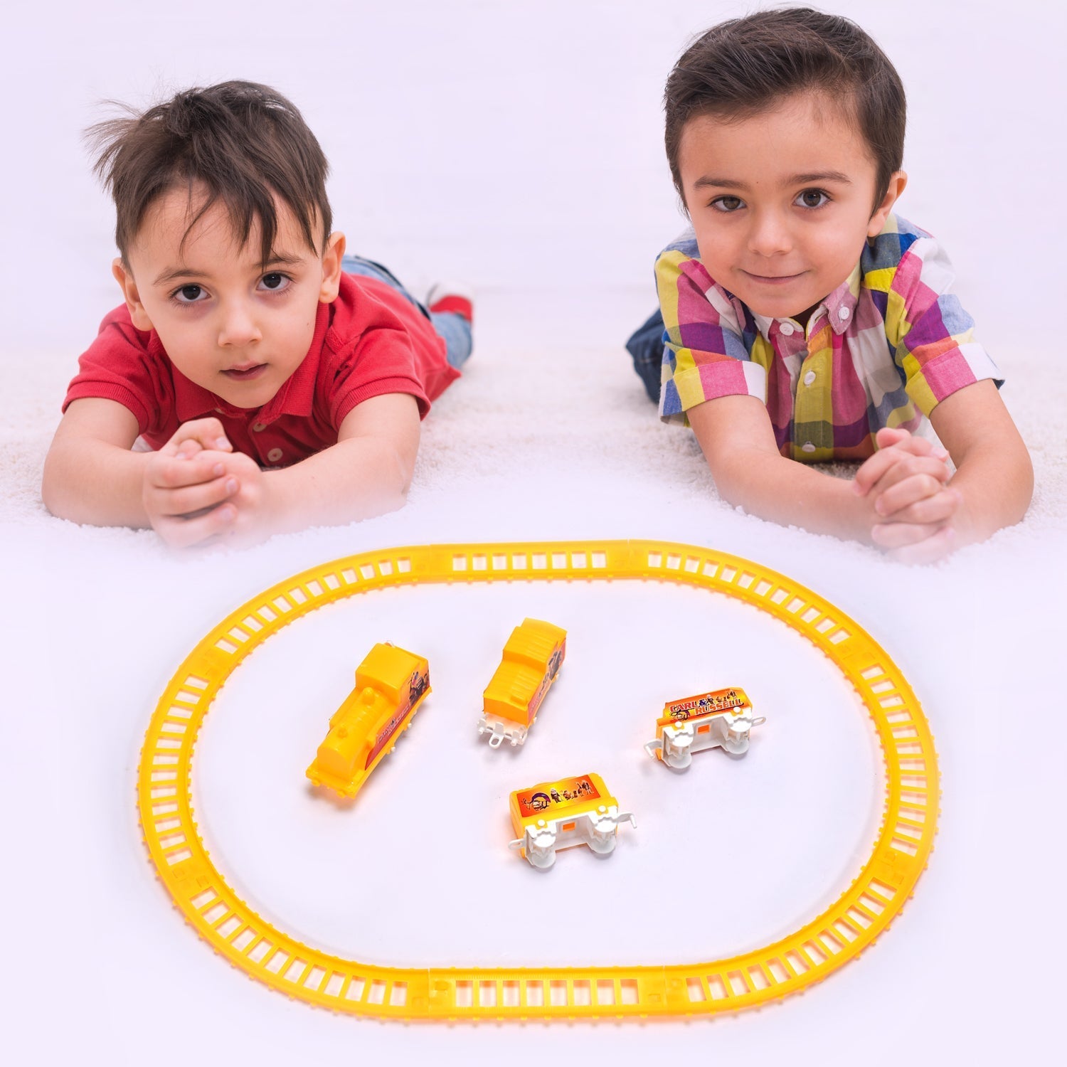 Side view of the battery-powered toy train set