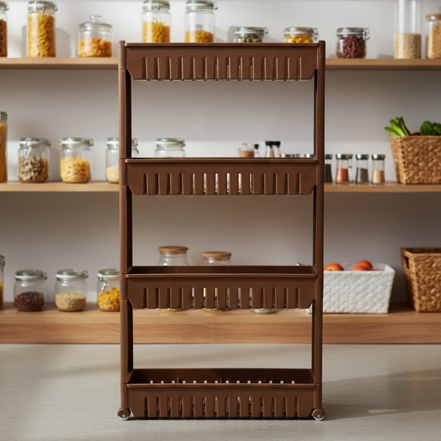 Portable 4-layer plastic storage shelf with wheels