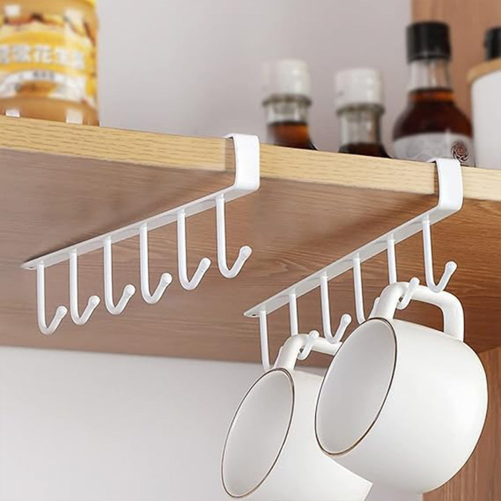 Close-up view of the metal under-shelf rack showing six sturdy hooks