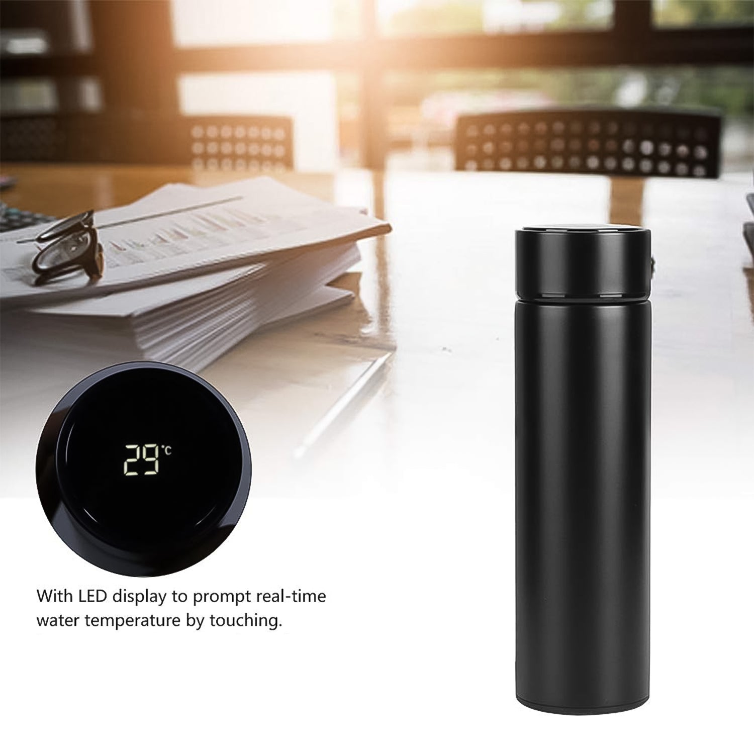 Stainless steel thermal carafe and water bottle keeping drinks hot on an office desk.