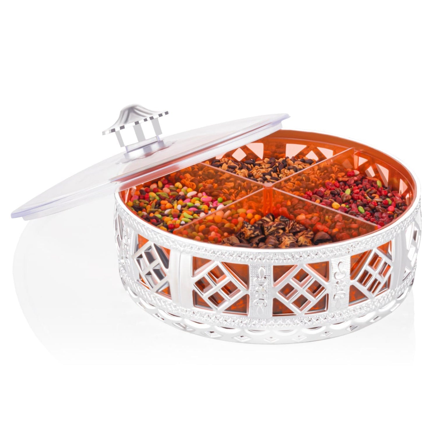 Decorative 4-section dry fruit box featuring a polished silver finish.