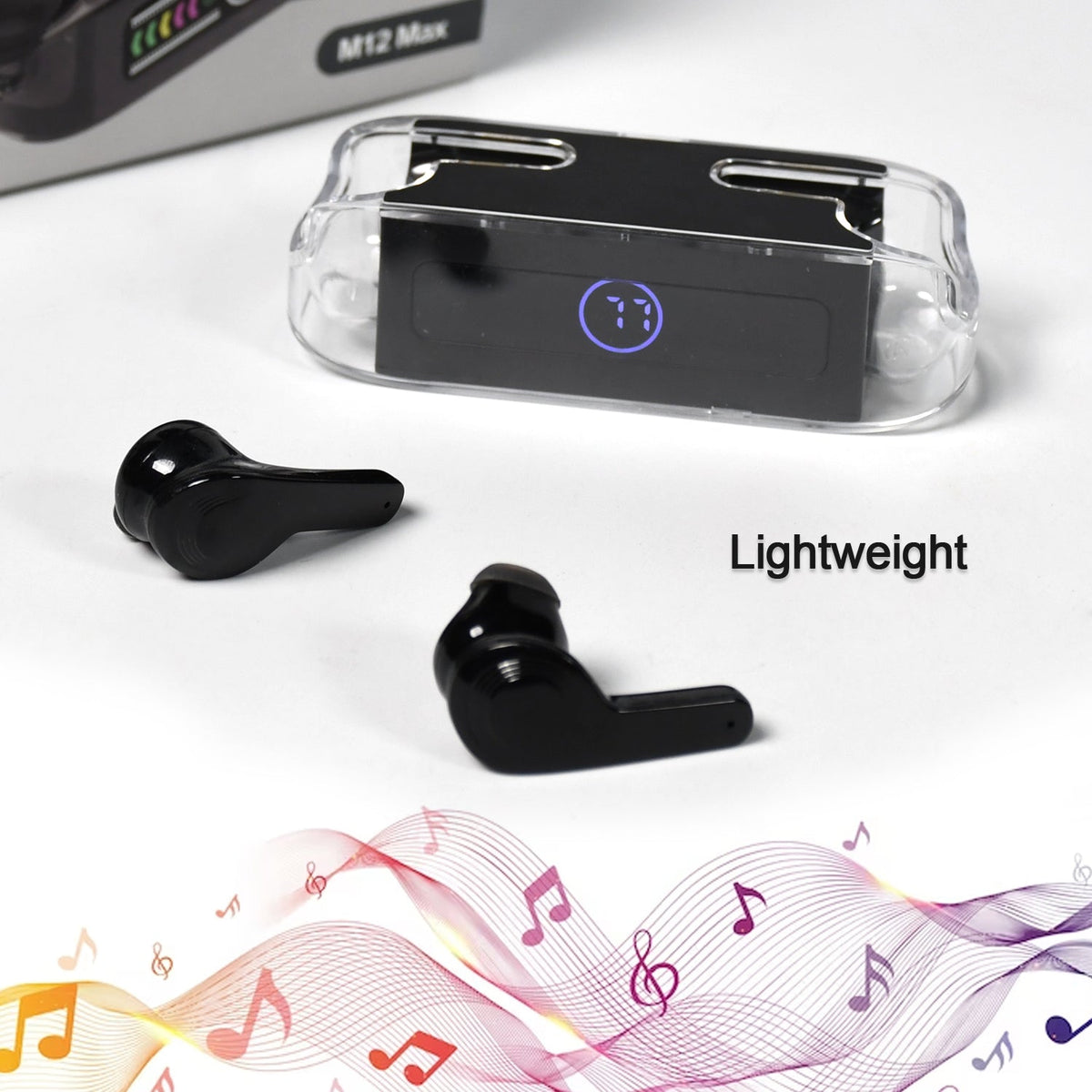 M12 Max Wireless Earbuds in black, displayed elegantly on a tabletop.
