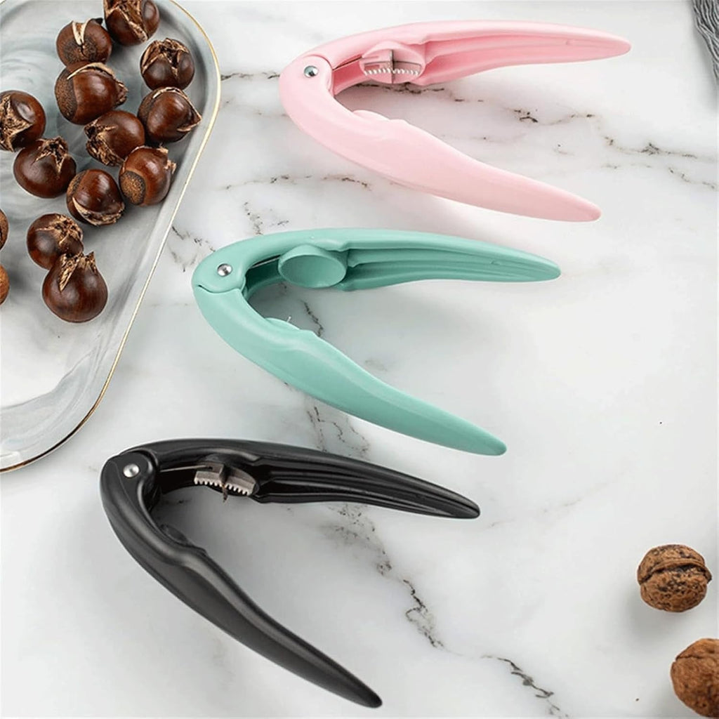 Nutcracker tool made of stainless steel and plastic for cracking hard nuts and shells.
