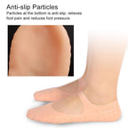 Side view of a foot wearing a soft gel sock, designed to heal and moisturize cracked feet.