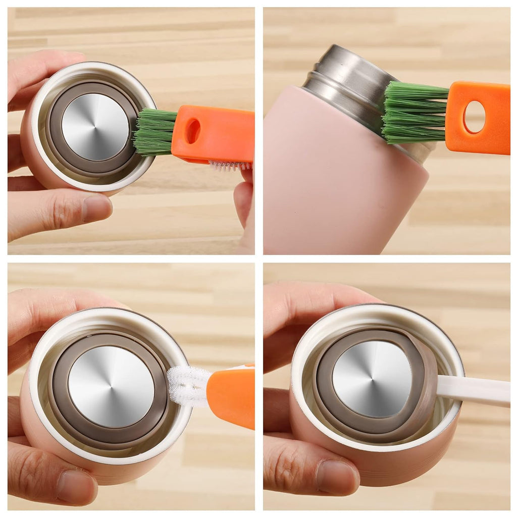 Ergonomic cleaning brush effectively tackling grime on a bottle lid and cap.