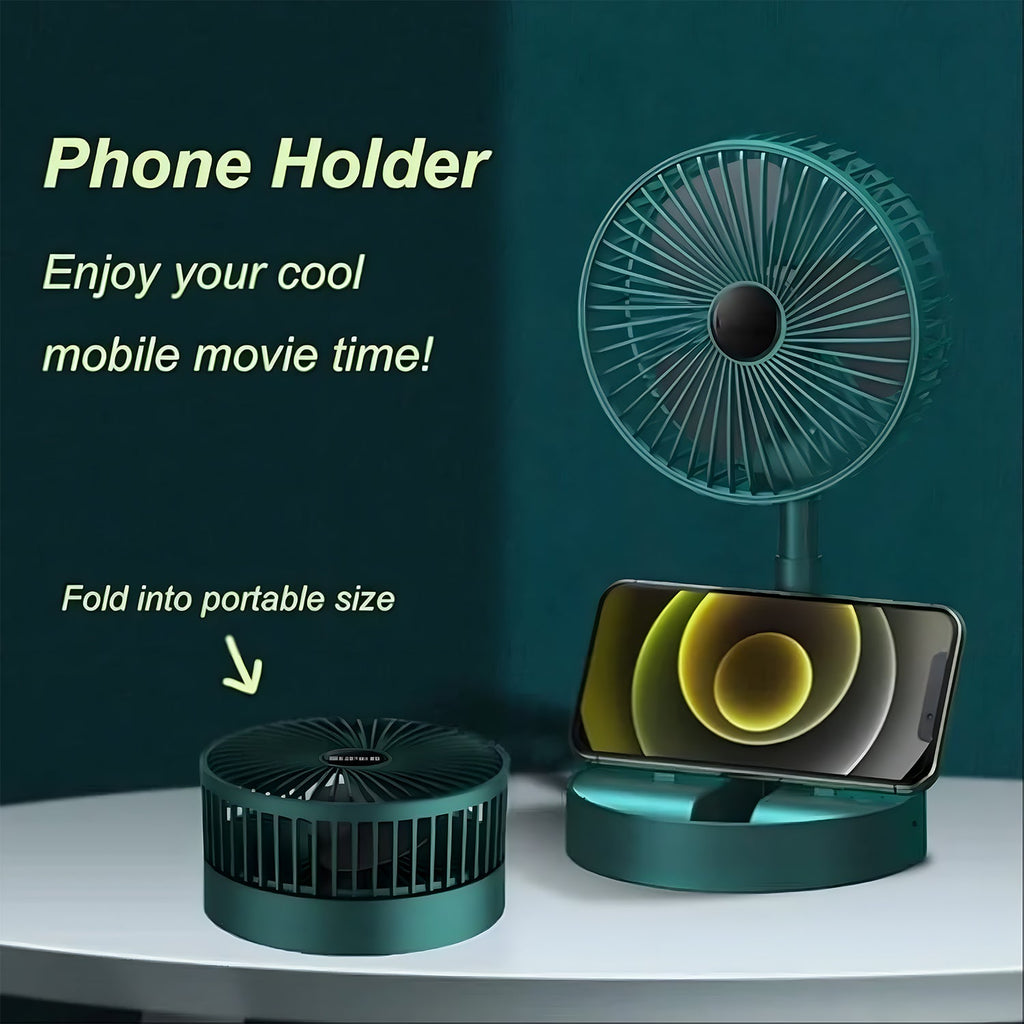 Detailed graphic illustrating the dimensions and key features of the Portable Desktop Fan.