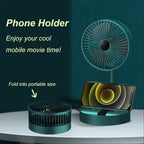 Detailed graphic illustrating the dimensions and key features of the Portable Desktop Fan.