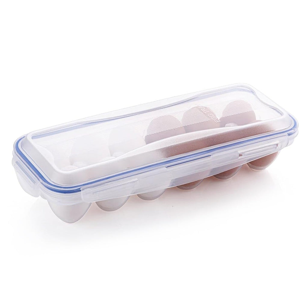 Egg storage tray with its lock clips open, ready for filling.