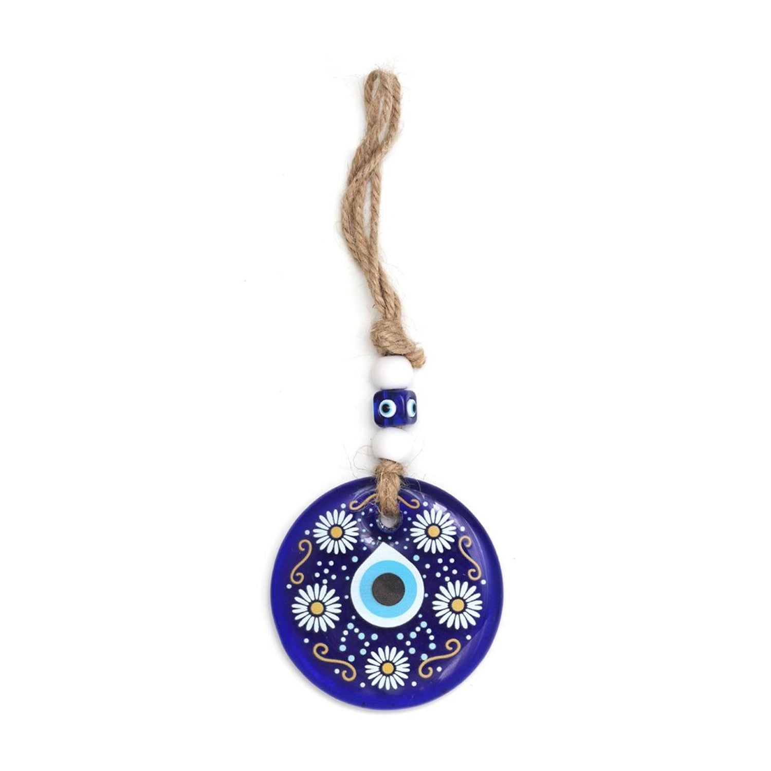 Detailed view of Evil Eye Wall Hanging's blue eye and ornamental bead accents