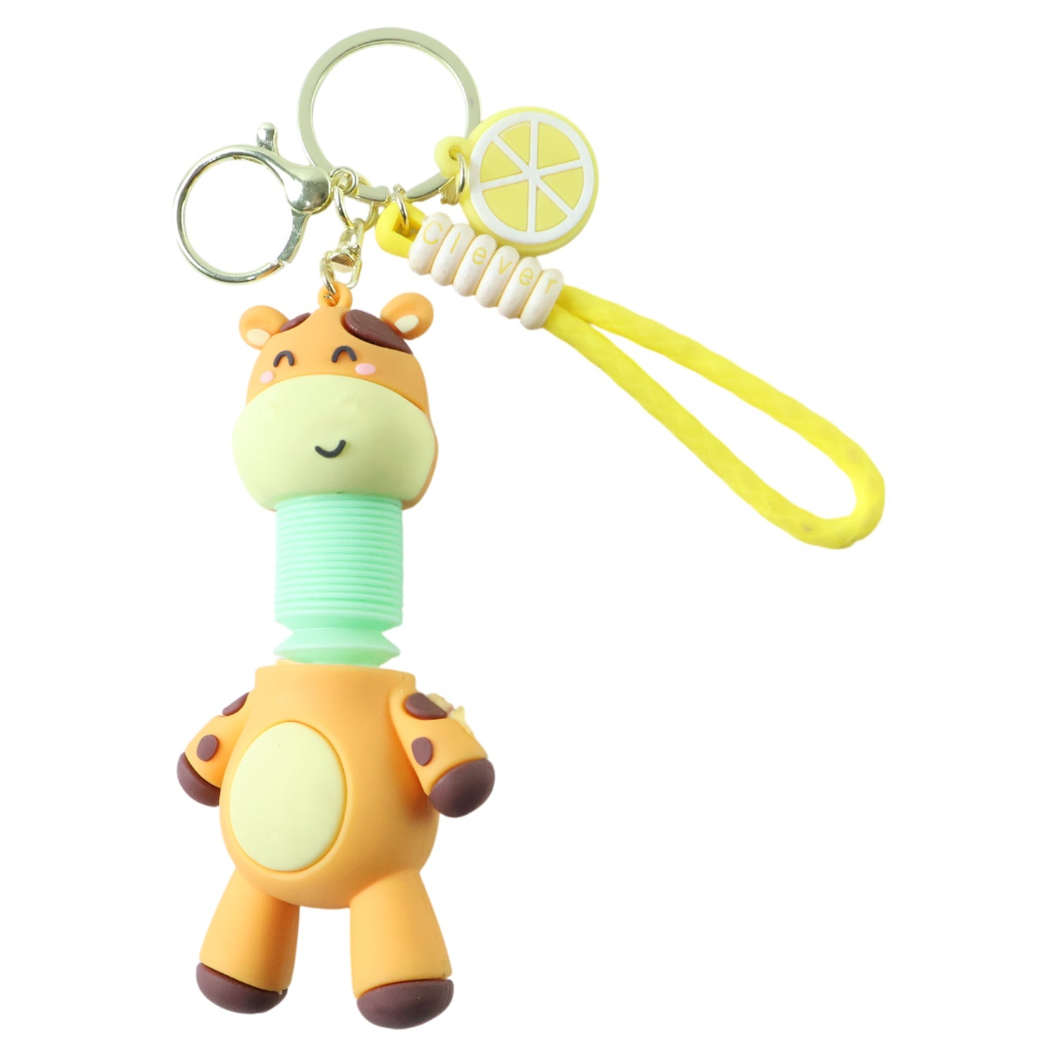 Playful giraffe cartoon keychain hanging from a bag