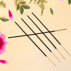 Close-up of a burning  incense stick, showcasing the fine ash and glow.