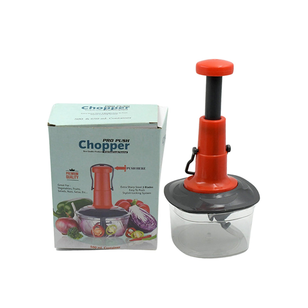 Side view of the manual chopper, emphasizing its anti-slip base for stable operation.