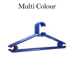 Stack of six space-saving plastic clothes hangers, ready for use.