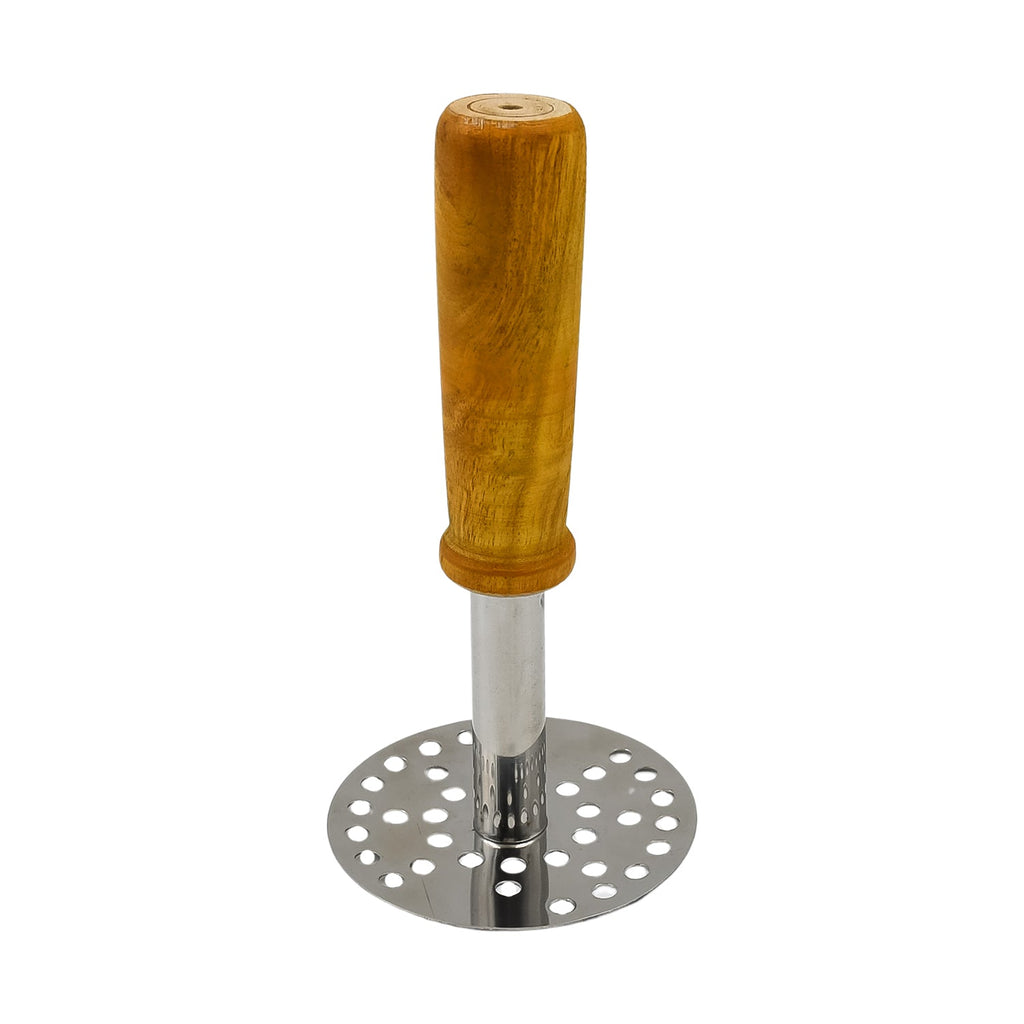Stainless steel kitchen masher featuring a comfortable wooden handle, laid flat.