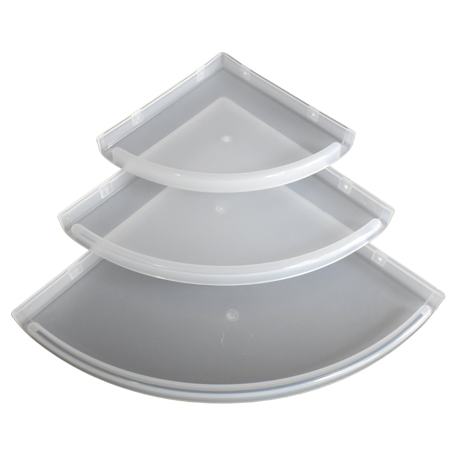 Three plastic corner shelves neatly arranged, ideal for space-saving bathroom storage.