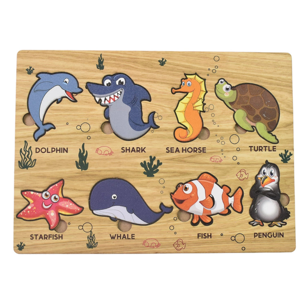 Kid-friendly wooden puzzle featuring bright sea creatures on a learning board.