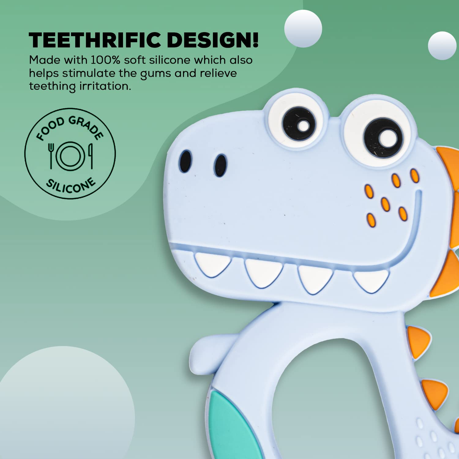 Ergonomic dinosaur silicone baby teether shape for easy grip by infants