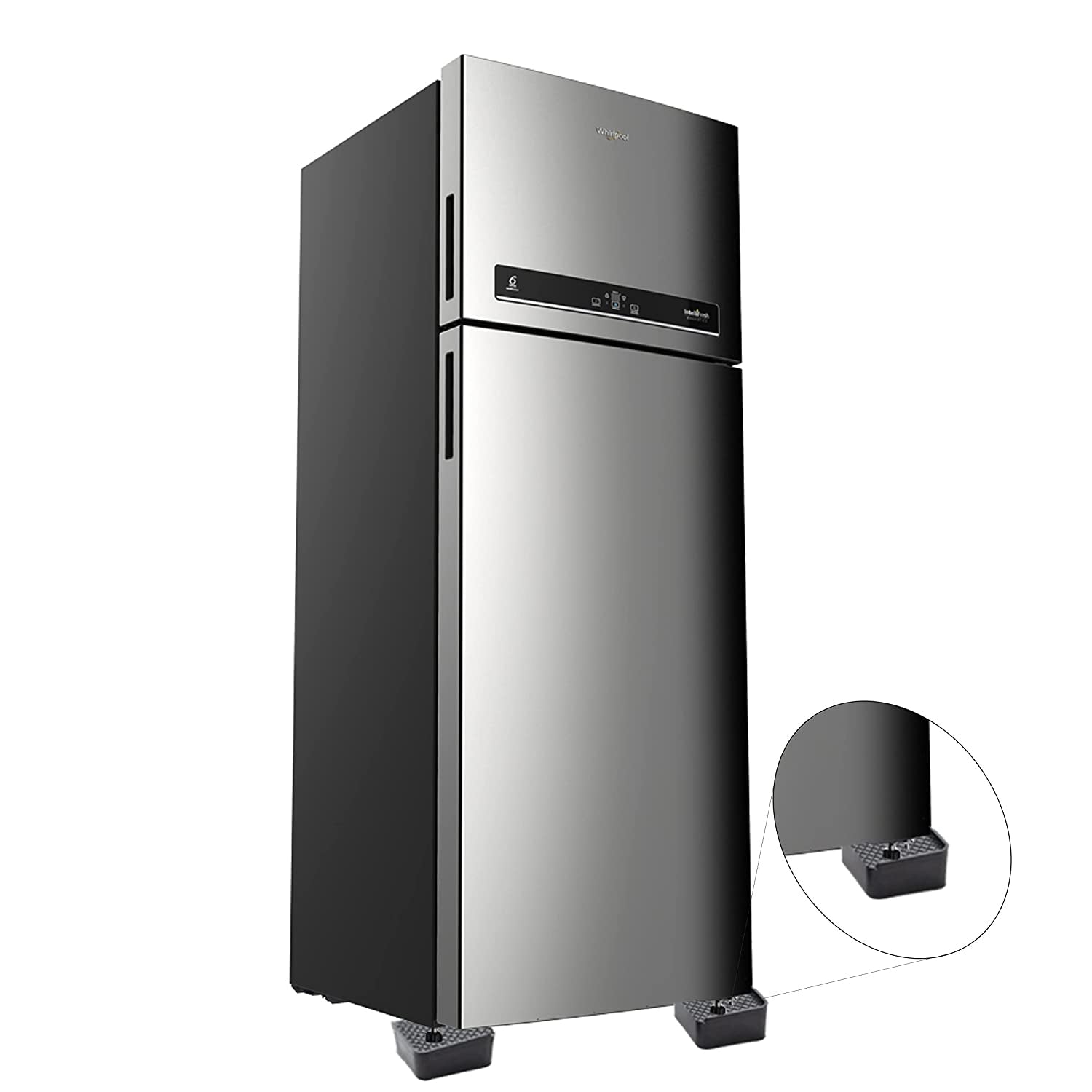 An appliance, possibly a refrigerator, elevated by the heavy-duty base stand set.