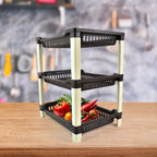 Plastic storage rack side view highlighting tier spacing