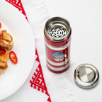 Angled view of the durable 380ml stainless steel bottle with cap on.