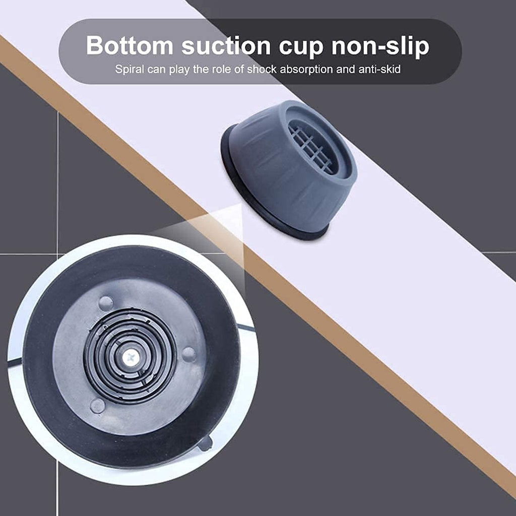 Washing machine and dryer stabilized with anti vibration pads on a tiled floor.