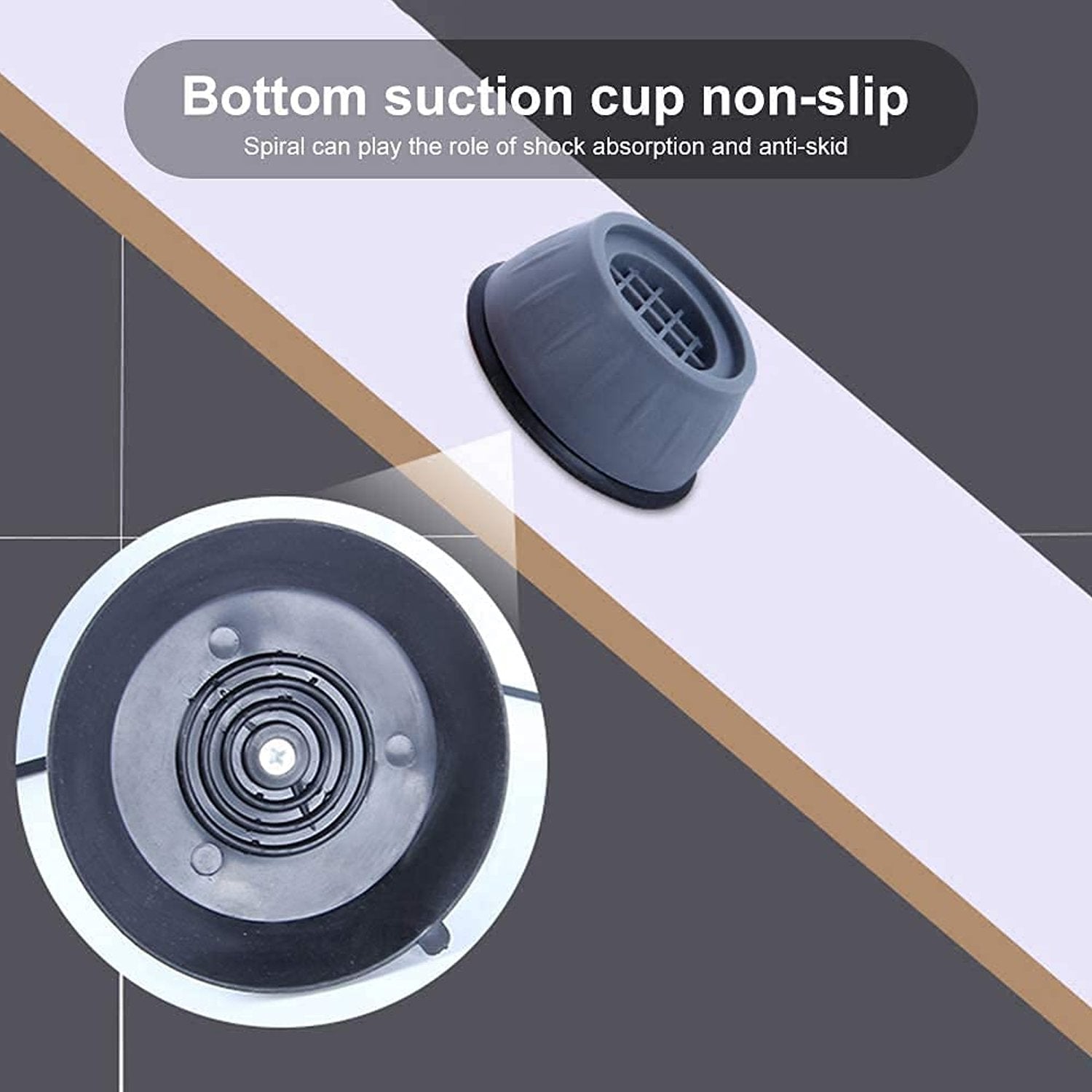 Washing machine and dryer stabilized with anti vibration pads on a tiled floor.
