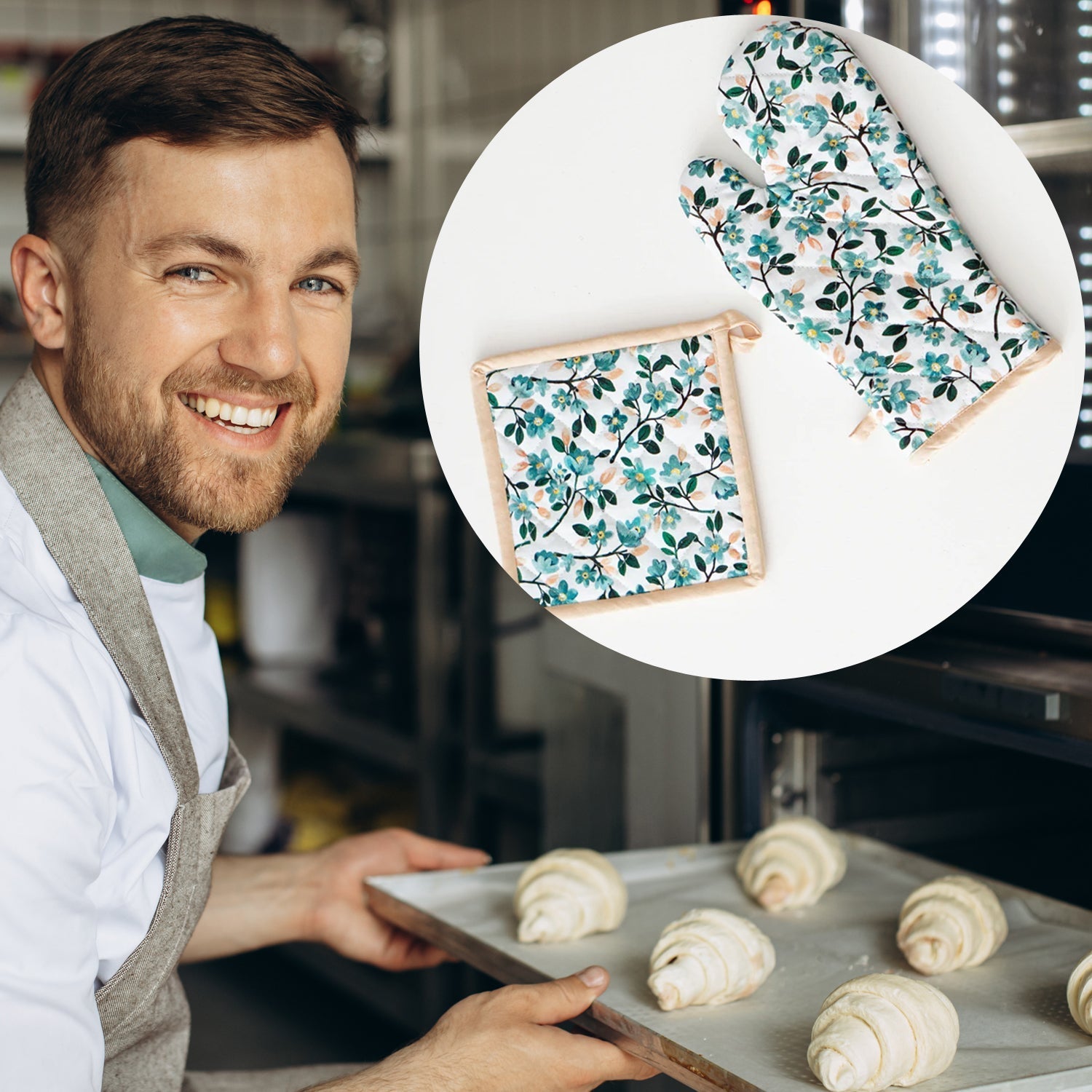 Side view of a patterned cotton oven mitt, ideal for baking.
