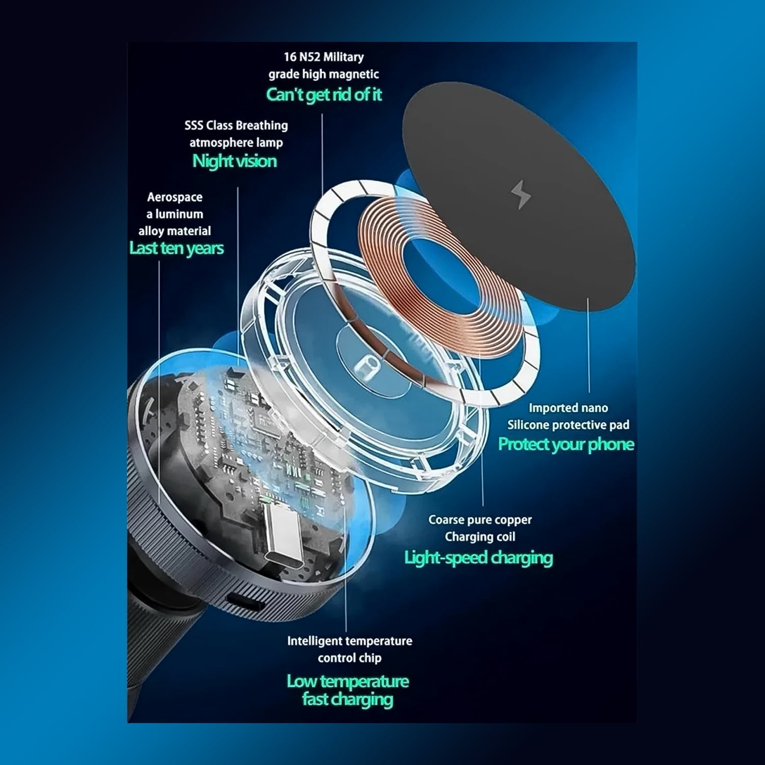 Smartphone charging wirelessly on a sleek magnetic car mount.