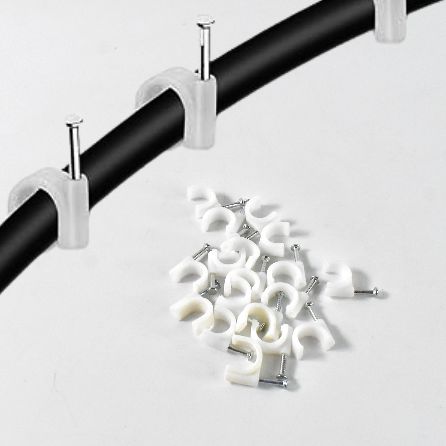 Strong hold plastic cable clip attached firmly to wooden surface