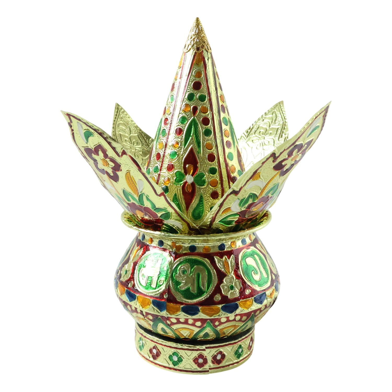 Sacred kalash with detailed cultural motifs used in Hindu ritual worship