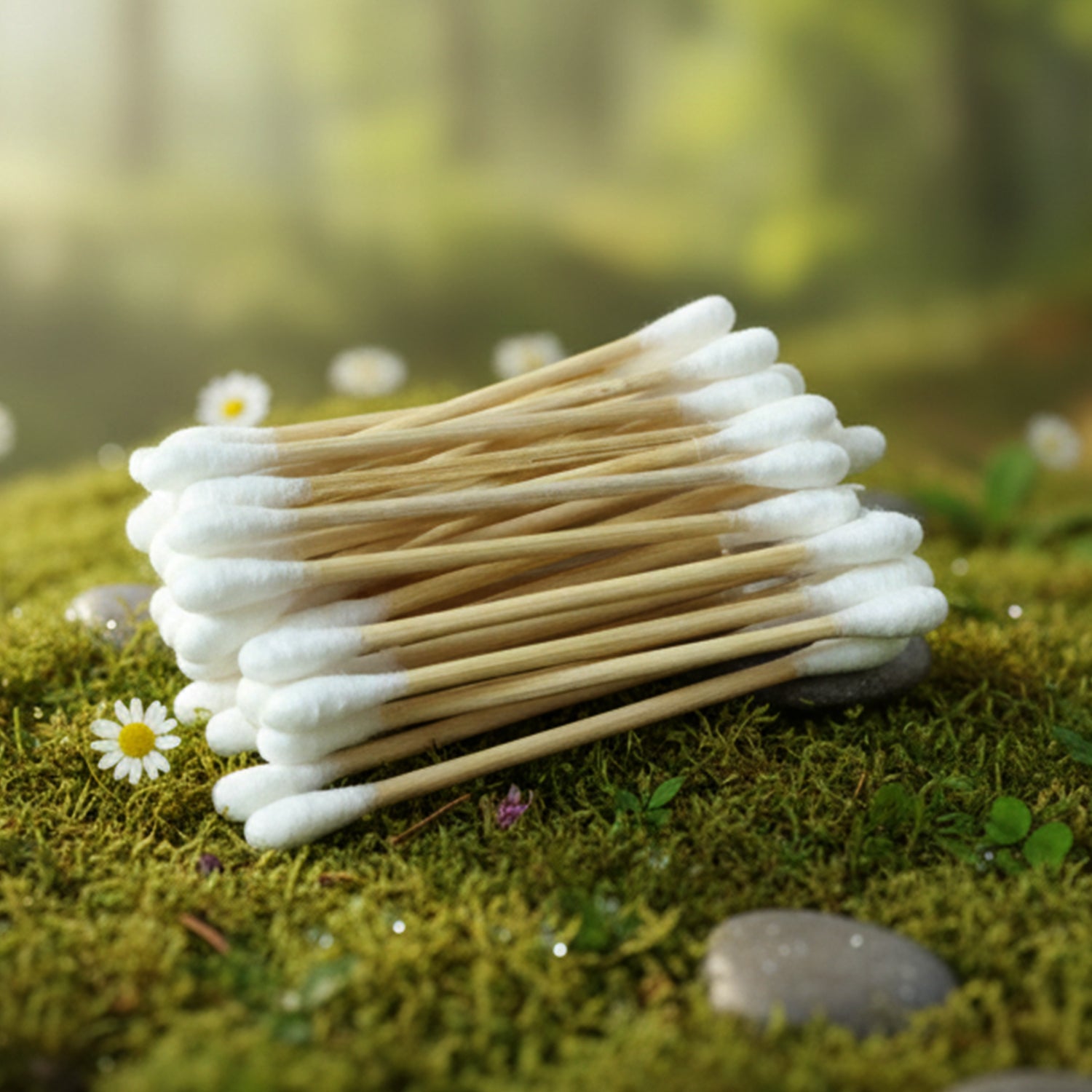 Bamboo toothbrush accompanied by cotton buds for personal care