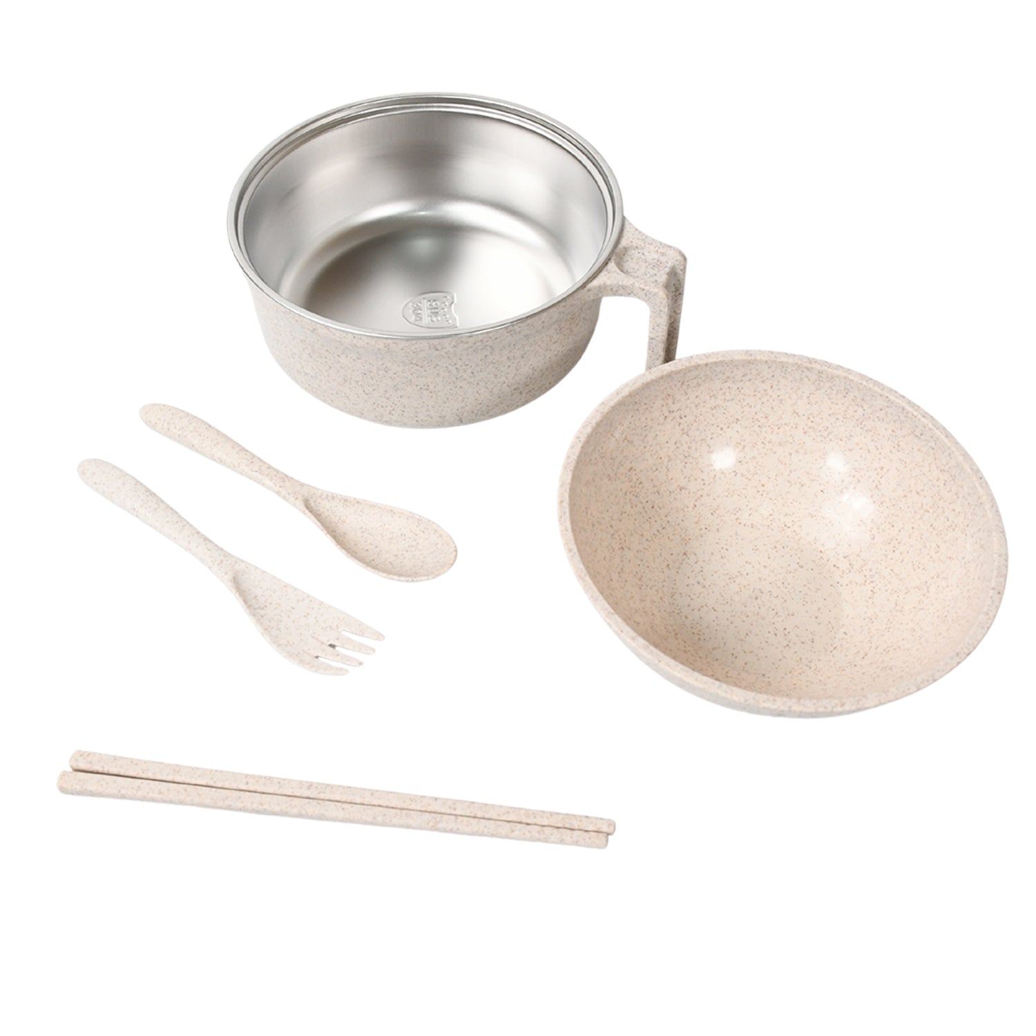 Close-up of the essential cutlery: wheat straw chopsticks, fork, and spoon from the dining set.