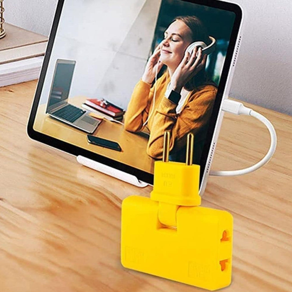 Lifestyle shot of the space-saving plug adapter in a modern home or office environment.