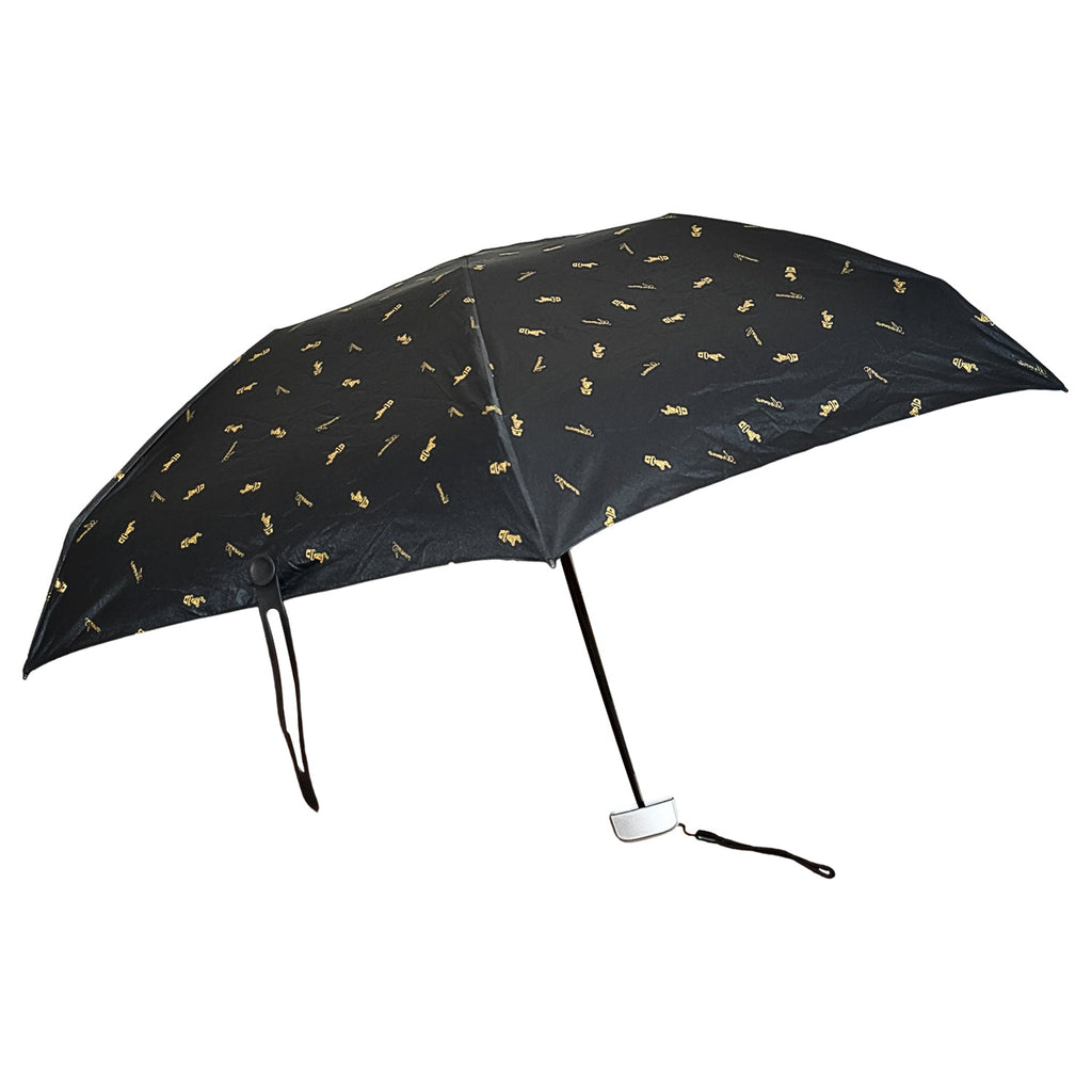 Top-down view of the closed compact umbrella with its zip case.