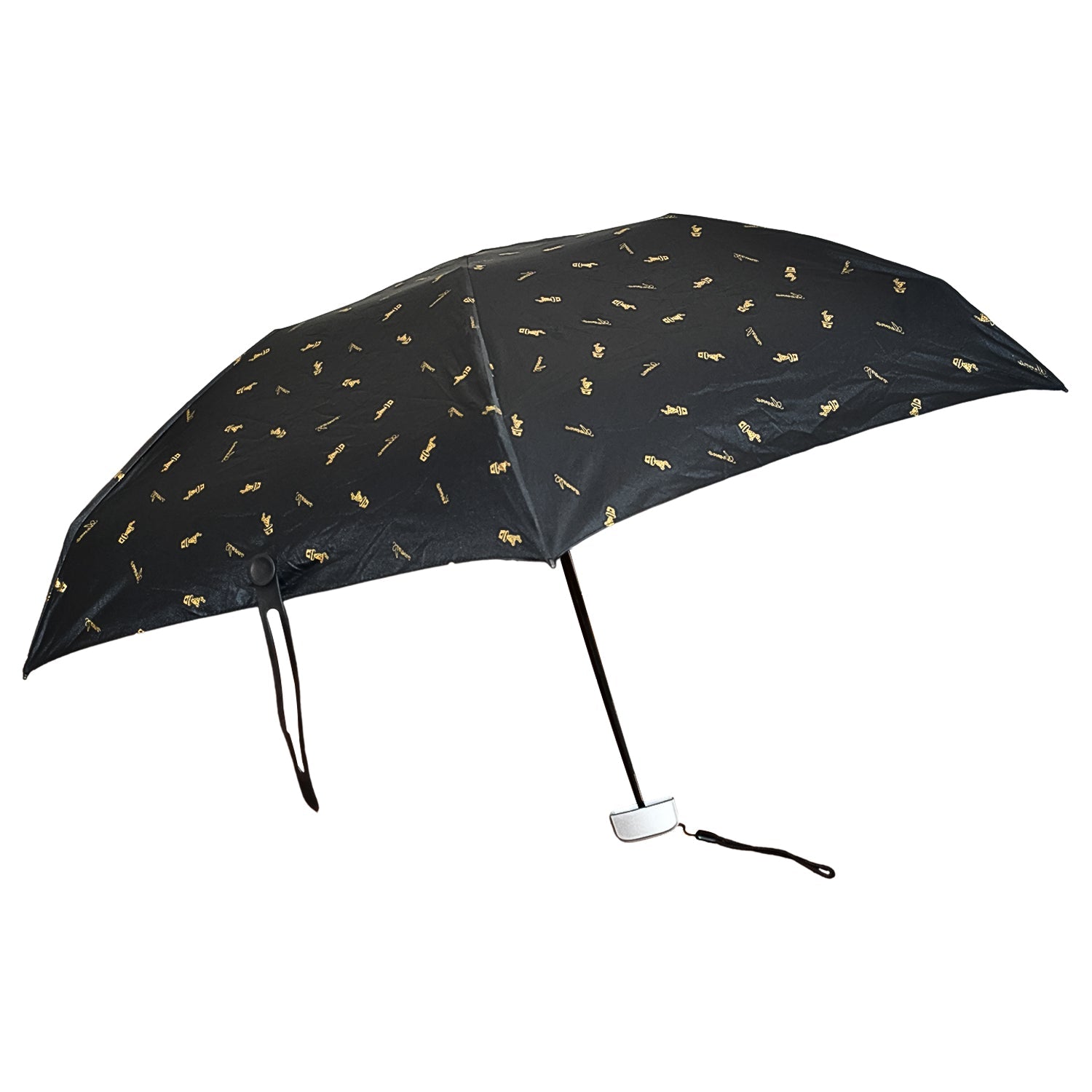 Top-down view of the closed compact umbrella with its zip case.
