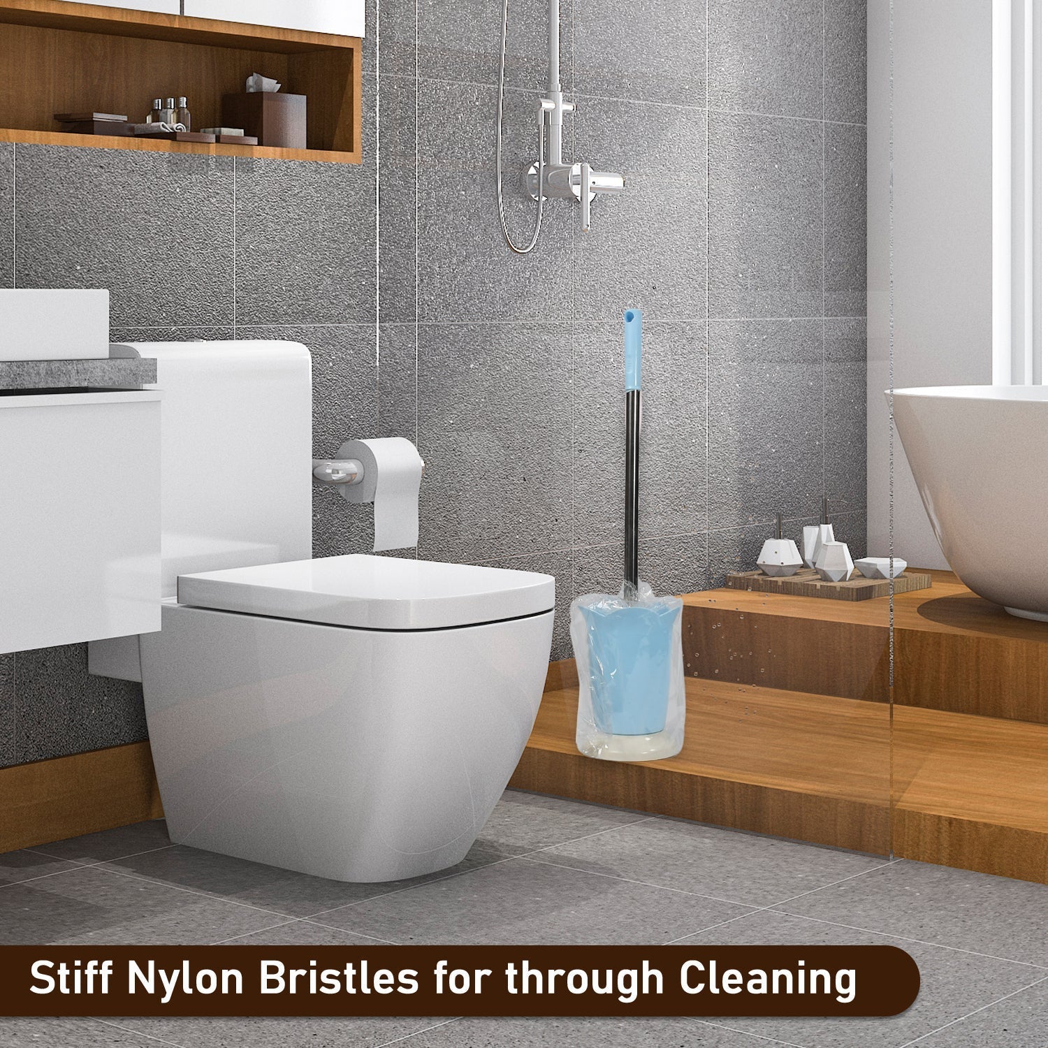 Compact toilet brush with a sleek plastic holder for discreet storage.