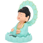 Back view of the plastic solar-powered Buddha figurine, highlighting its craftsmanship.